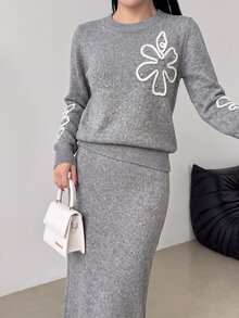 Modelyn Women's Elegant 2 Pieces Set With Applique Faux Pearl Decor Drop Shoulder Long Sleeve Sweater And Knitted Skirt - Grey - View 7
