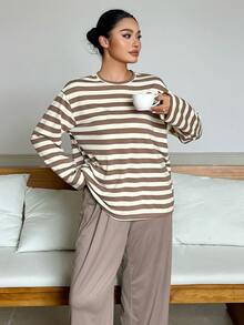 Dazy Plus Striped Top And Pants 2-Piece Set, Casual Loungewear Pajama Set - Khaki - View 4