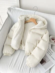 SHEIN Tween女孩冬季新款白色保暖內裡連帽短版羽絨外套 - 米色 - 查看 6