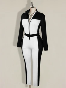 SHEIN ICON Plus Size Retro Y2K Black & White Colorblock Slimming Fitted Thermal Lined Ski Jumpsuit - Black and White - View 10