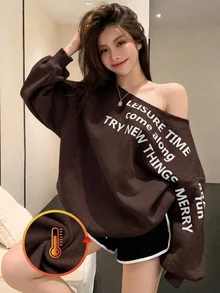 Joudiya 女款寬鬆大尺寸不對稱字母印花保暖內裡運動衫，長袖上衣，秋季服飾，保暖內裡 - 棕色 - 查看 1