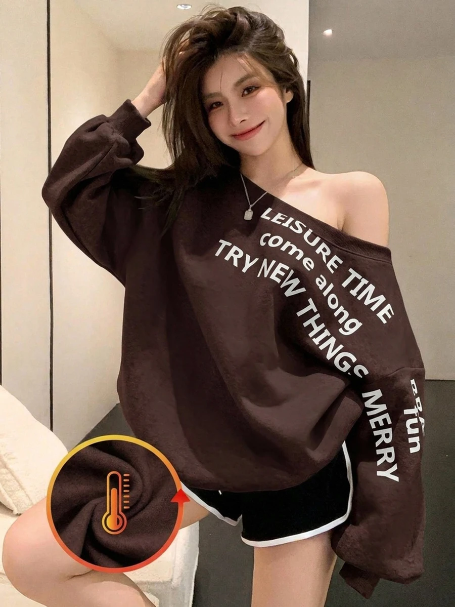 Joudiya 女款寬鬆大尺寸不對稱字母印花保暖內裡運動衫,長袖上衣,秋季服飾,保暖內裡 - 棕色 - 查看 1