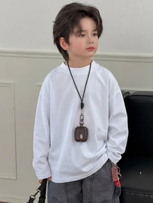 DAZY 青少年男孩純色休閒百搭日常長袖T恤 - 白色 - 查看 8