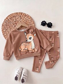 SHEIN 新生兒卡通圖案長袖上衣與長褲休閒日常套裝 - 棕色 - 查看 10