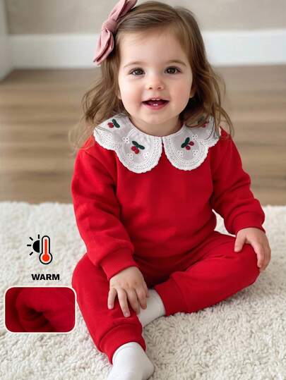 SHEIN Baby Girl Cherry Embroidery Pattern Casual Daily Long Sleeve Sweatshirt And Pants Set