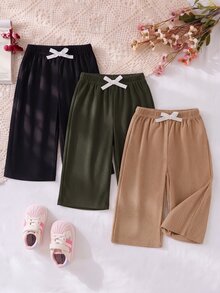 SHEIN Vintaside Kids 3件組 幼兒長褲 粉色、棕色、黑色，適合秋冬日常穿著，舒適套裝，蝴蝶結鬆緊腰帶，純色燈芯絨面料，多色可選，高 CP 值 - 彩色 - 查看 1