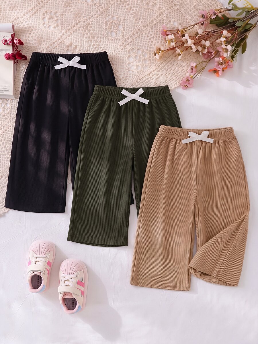 SHEIN Vintaside Kids 3件組 幼兒長褲 粉色、棕色、黑色,適合秋冬日常穿著,舒適套裝,蝴蝶結鬆緊腰帶,純色燈芯絨面料,多色可選,高 CP 值 - 彩色 - 查看 1