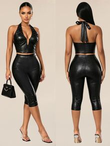 Sirith Women's Sexy Halter Tie Tank Top And PU Material 7/10 Length Leggings 2 Pieces Set - Black - View 4