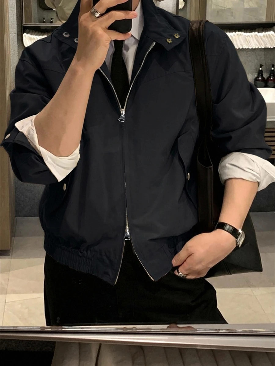 DAZY 春秋款純黑色立領雙拉鍊男士夾克 - 黑色 - 查看 1