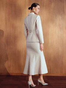 MOTF PREMIUM WOMEN'S TWEED FABRIC SLIM FIT JACKET AND SKIRT SET - Pink - View 4