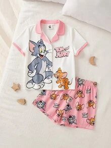 TOM & JERRY X SHEIN Young Girl Letter Cartoon Print Short Sleeve Top And Shorts Casual Daily Home Pajama Set - Baby Pink - View 1