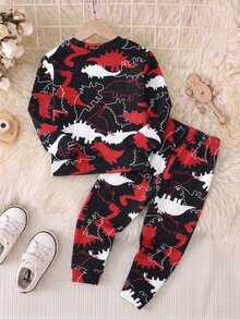 SHEIN 小男孩休閒紅色圖案修身長袖圓領居家褲裝，適合秋冬、聖誕節、新年、派對、室內穿著 - 彩色 - 查看 2