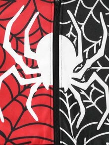 SHEIN Young Boy Autumn/Winter Red & Black Contrast Spider Pattern Hooded Zip-Up Sweatshirt, Suitable For Autumn/Winter, Outings, School, Kindergarten, Christmas, New Year, Gift - Multicolor - View 3