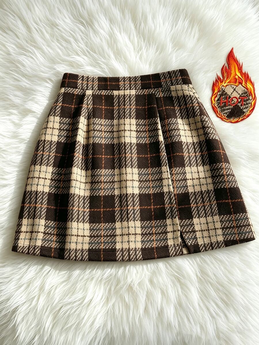 SHEIN Franclia Women's Autumn Plaid Fashion Commute Office College Style Warm Short Skirt - Brown - View 1
