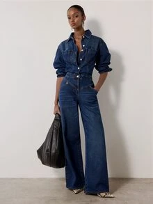 MERLEAU Women's Modern Blue Denim Jumpsuit - Blue - View 1