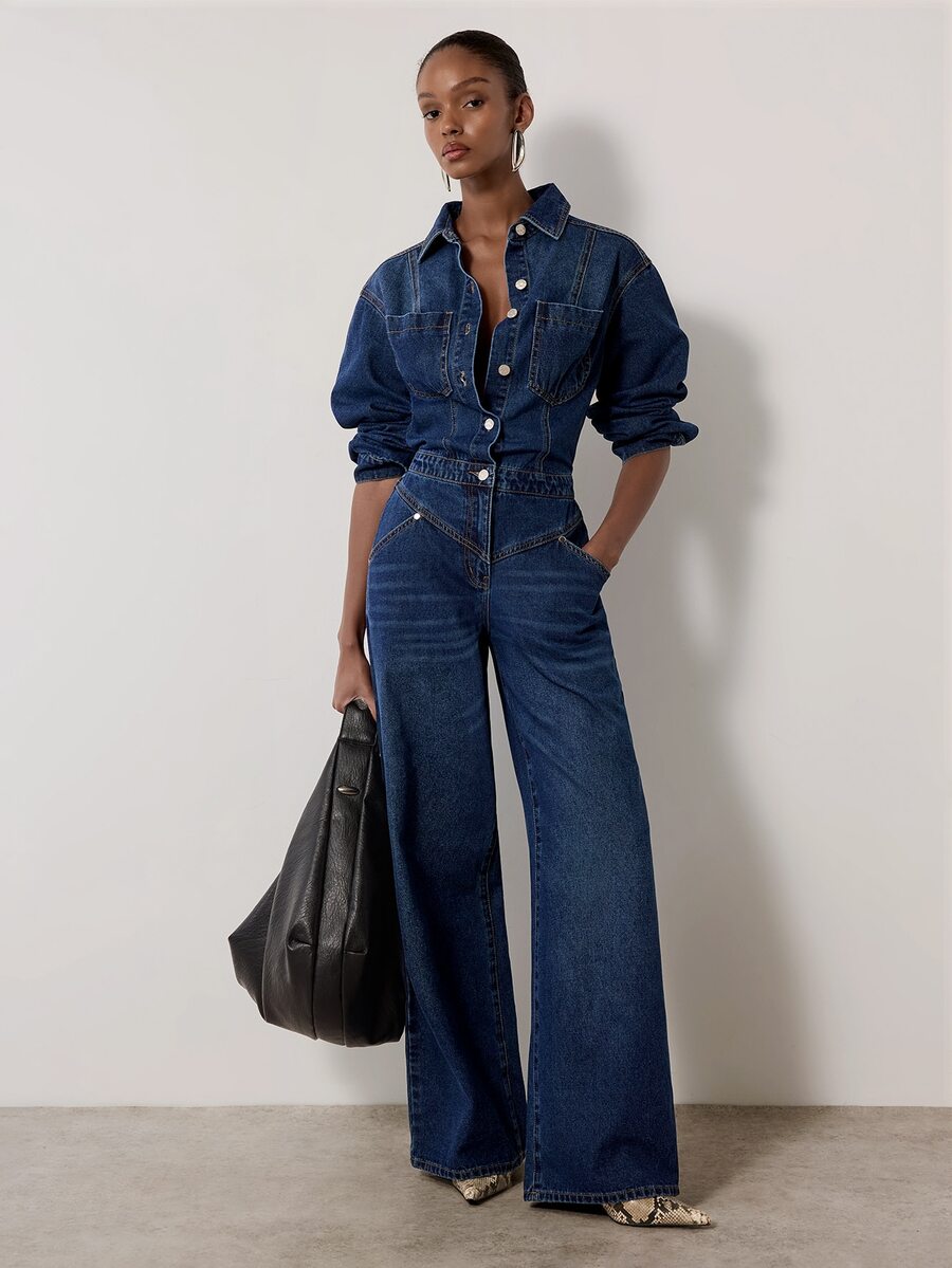 MERLEAU Women's Modern Blue Denim Jumpsuit - Blue - View 1