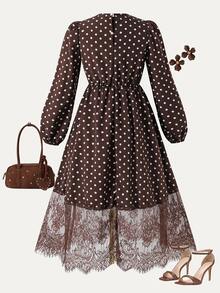 SHEIN Girls Polka Dot Print Lantern Sleeve Lace Hem Belted Midi Dress Brown - Brown - View 2