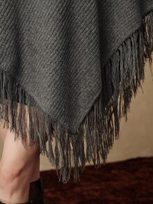 Anewsta French Lazy Ribbed Knit Cape, Tassel Edge Batwing Sleeve Loose Slimming Autumn/Winter Shawl Outerwear - Grey - View 6