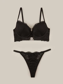 Bralution Set Pakaian Dalam Wanita Urban yang Menawan dan Berkilau, Berwarna Hitam, dengan Cup Cetak Berpenyangga Tinggi dan Hiasan Renda serta Gesper Logam, Motif Mengkilap, dan Dukungan Tinggi. - Hitam - View 1