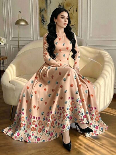 Modelyn Women's Elegant Colorful Floral Plant Print Light Khaki Apricot Dress, Fashionable Round Neck Long Sleeve Cinched Waist Full Skirt Dress, Autumn/Winter Casual Streetwear Floral Dress