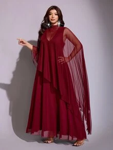 Viva Relle Plus Size Mesh Ethereal Stand Collar Cape Shawl 2 Pieces Set - Burgundy - View 4