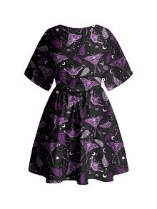 ROMWE Goth 深色嬉皮風蝴蝶刺繡太陽月亮星星暗黑龐克辣妹哥德神秘感V領大尺碼洋裝 - 黑色 - 查看 4