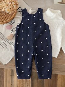 SHEIN Baby Set Corduroy Round Neck Sleeveless Pocket Button Long Loose Fit Romper Fall Burgundy - Blue - View 2