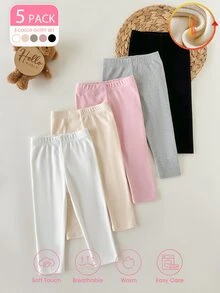 SHEIN Vintaside Kids 5件組幼兒女嬰緊身褲 甜美優雅 粉色白色灰色米色 素色彈性腰頭 加厚 戶外派對 秋冬假期 芭蕾公主風 舒適保暖 - 彩色 - 查看 3