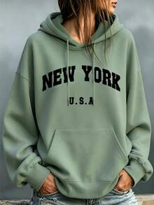 Linhara CURVE 大尺碼女款「NEW YORK U.S.A」字母圖案印花保暖抽繩運動衫，深灰色，秋冬休閒畢業日套頭衫 - 橄欖綠 - 查看 1