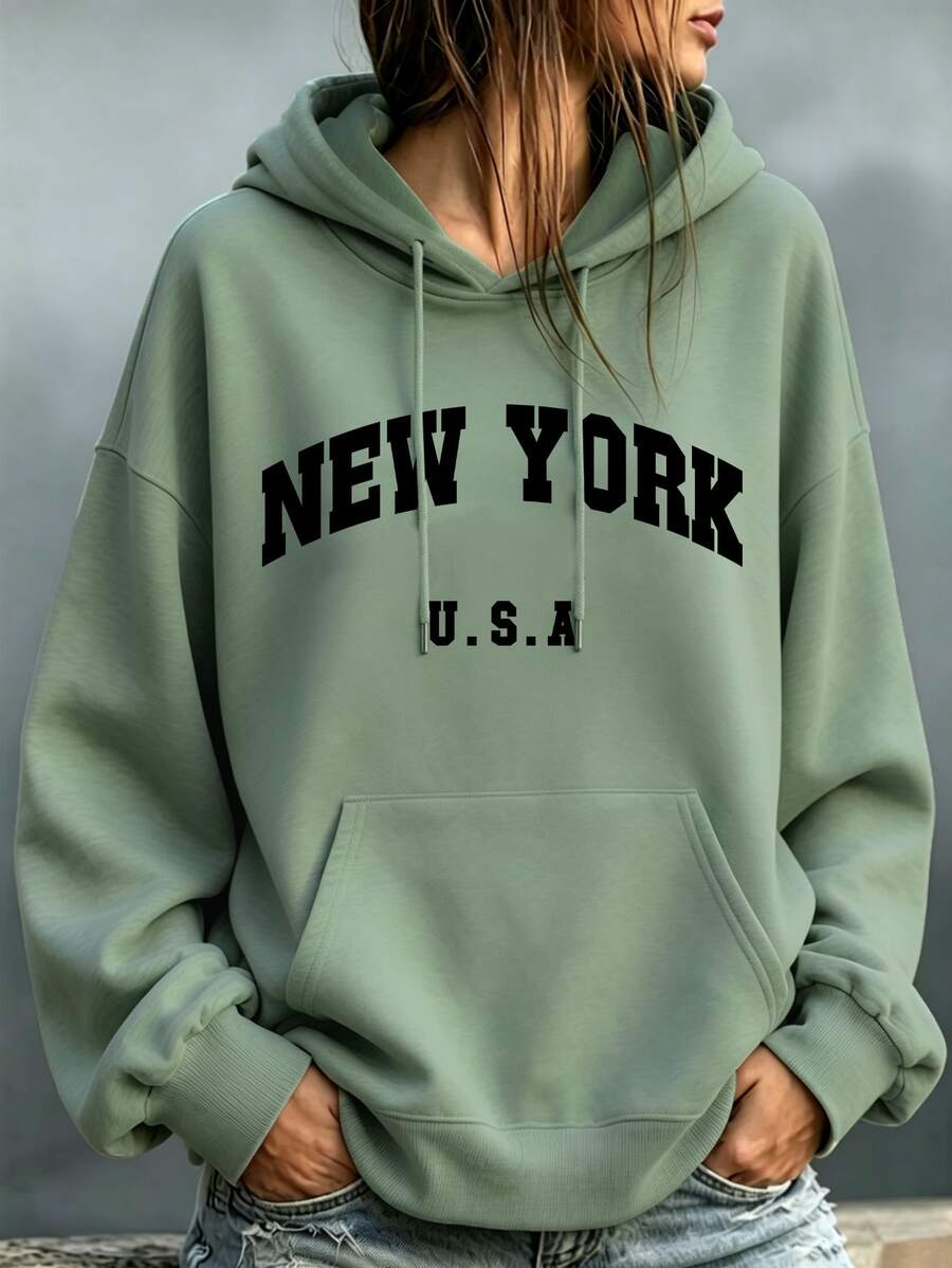 Linhara CURVE 大尺碼女款「NEW YORK U.S.A」字母圖案印花保暖抽繩運動衫,深灰色,秋冬休閒畢業日套頭衫 - 橄欖綠 - 查看 1