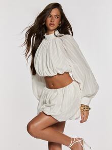 Opulessa Women's Solid Color Pleated Long Sleeve Top And Shorts Casual 2 Pieces Set - White - View 4
