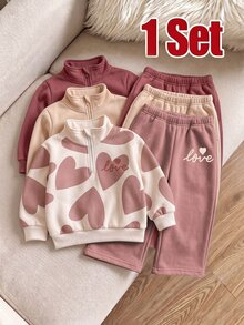 1套女嬰心形與「Love」字母印花 1/4 拉鍊立領運動衫 + 寬腿運動長褲 2件套，秋冬運動服 - 彩色 - 查看 1