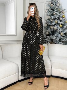 Easowa Women's All-Over Print Pleated Casual Party Long Dress - Black Gold - View 1