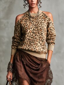 SHEIN 秋假穿搭優雅性感女款襯衫休閒女式襯衫米色豹紋適合外出夜生活 - 薑色 - 查看 4