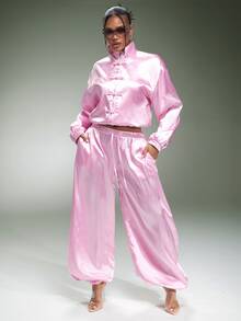 Denimoi Satin Jogger Fashion Joggers Cool Girl Style Fashionable Streetwear, Co-Ord Set - Pink - View 1