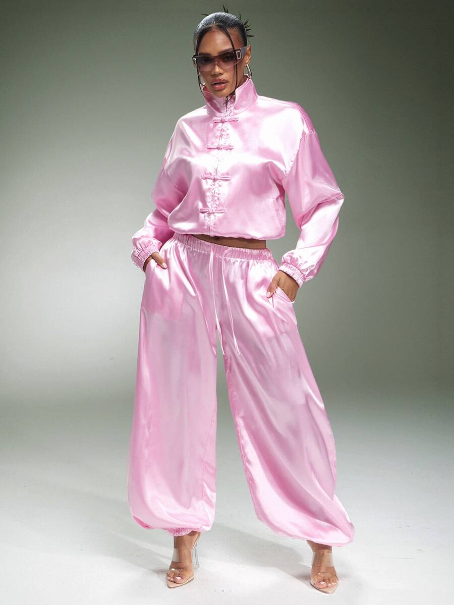 Denimoi Satin Jogger Fashion Joggers Cool Girl Style Fashionable Streetwear, Co-Ord Set - Pink - View 1