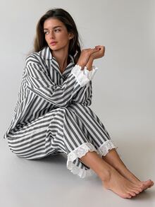 Livesso Women's Button Striped Top And Lace Patchwork Long Pants Pajama Set - Green - View 6