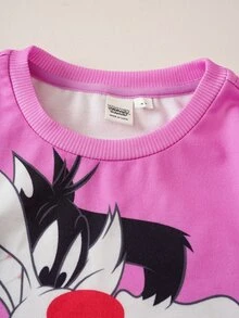 LOONEY TUNES X SHEIN بلوزة رياضية كاجوال يومية بأكمام طويلة بنقشة كرتونية للفتيات الصغيرات - وردي - مشاهدة 3