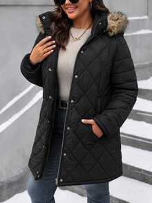 EMERY ROSE Plus Size Casual Black Padded Coat With Pockets, Detachable Fur Collar Hood, Ribbed Cuffs, Mid-Length, Diamond Quilted & Straight Stripe Patchwork - Black - View 5