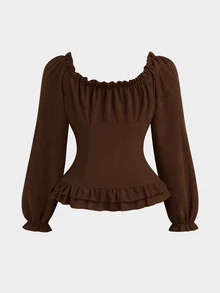 Sweetra Plus Size Women's Coffee Brown Corduroy Collar Cinched Waist Ruffle Tie Cuff Long Sleeve Blouse - Coffee Brown - View 2