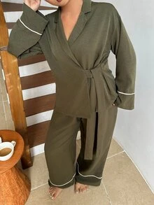 Dazy Plus Autumn/Winter Minimalist Loose Colorblock Patchwork Long Pants 2-Piece Set Loungewear Pajama Set - Army Green - View 6