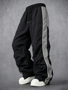 EGENSIO Men's Loose WideLeg Color Block Track Pants, Elastic Drawstring Waist AllSeason Casual Trousers, Big & Tall Plus Size Lightweight Streetwear Pants F - Black - View 4