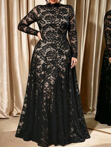 Cravure Plus Size Women's Autumn/Winter Waist-Cinching A-Line Dress With Nude Lining, Contrast Lace, Elegant For Party And Daily Wear - Black - View 4
