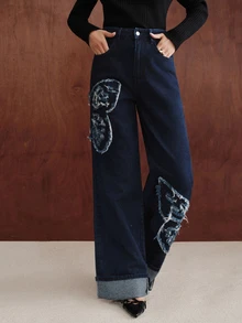 Anewsta 女款個性時尚奢華刺繡直筒牛仔褲 - 藍色 - 查看 5