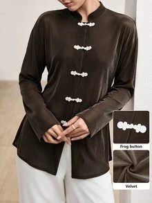 Graceveil Áo blouse nữ tay dài màu nâu phong cách Trung Hoa mới, thiết kế nút ếch thủ công, lãng mạn thanh lịch - màu nâu - Xem 7
