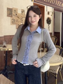 DAZY Women's Blue Grey Lapel Lace Patchwork Elegant French Commute High Tea Date Sweet Cardigan T-Shirt, Fall - Grey - View 2