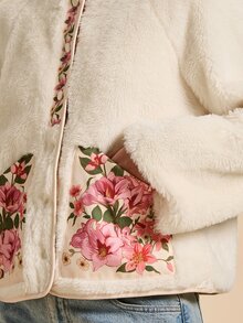 Travachic Women's Floral Print Pocket Faux Fur Coat - White - View 8