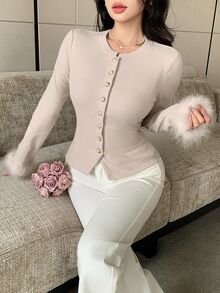 Feyla Women's Solid Color Single-Breasted Patchwork Fur Long Sleeve Fitted T-Shirt - Grey - View 6