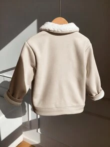 SHEIN 兒童小男孩保暖內裡厚磅燈芯絨翻領夾克，保暖夾克，冬季夾克，夾克，羊毛，厚款，幼兒冬季衣物 - 杏色 - 查看 2
