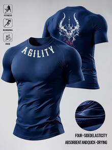 Acti Log Kaos Olahraga Kompresi Lengan Pendek Raglan Pria Warna Hitam dengan Motif Huruf untuk Musim Panas, Cocok untuk Kebugaran, Lari, Bersepeda, dan Gym. - Biru - View 1